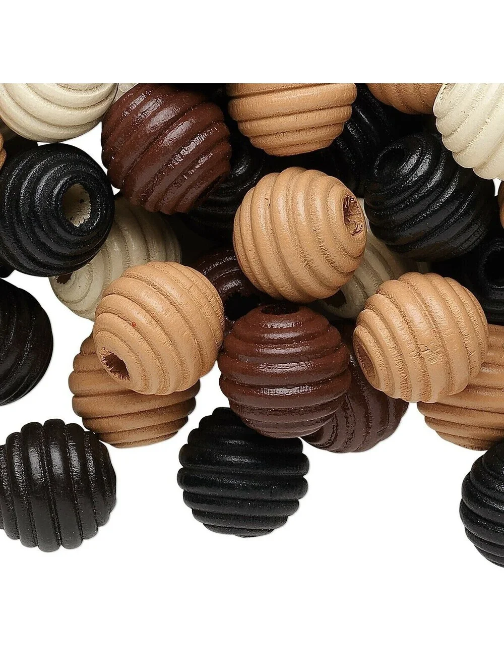 Fluted Carved Earthy Brown Black Tan Cream 16mm Round Korean Wood Beads 15 pcs